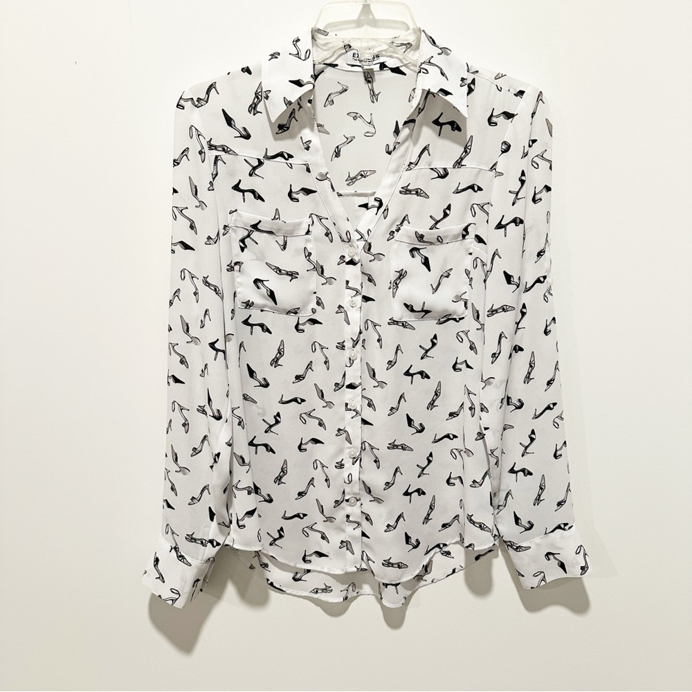 Express Portofino Shirt Women’s XS Print High Heel Print Button Down Blouse Shoe